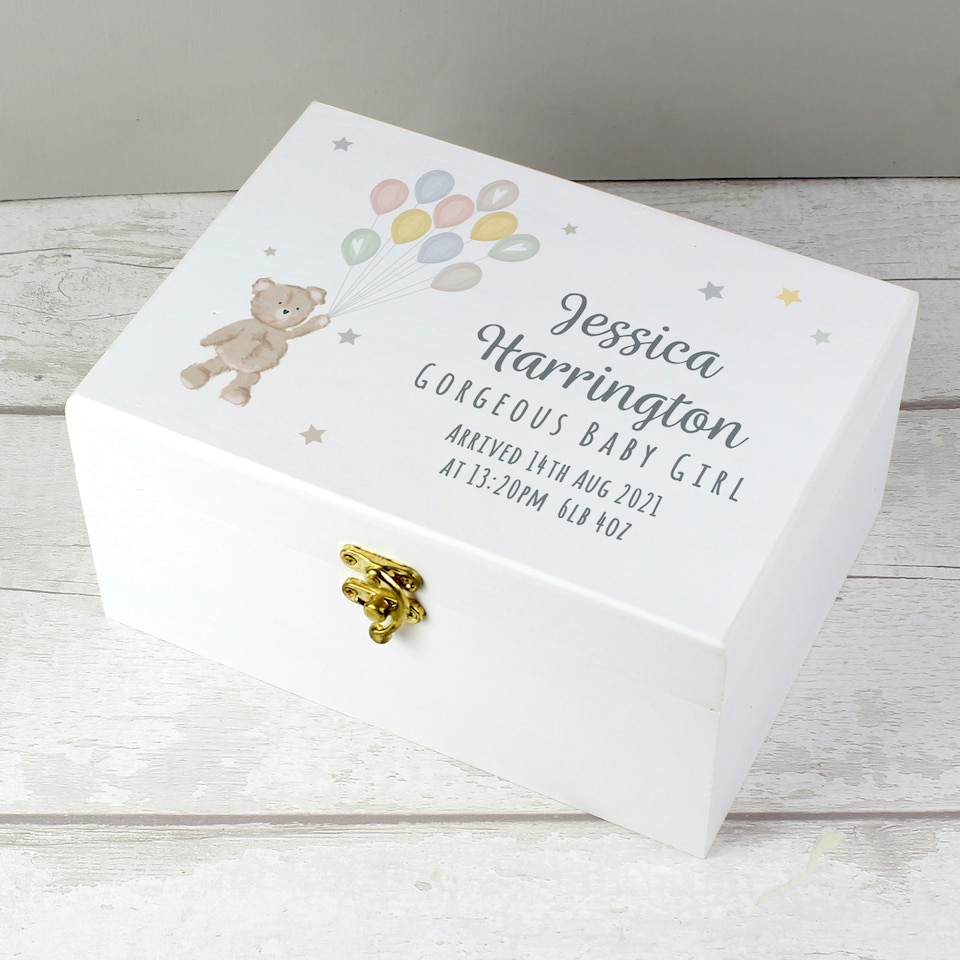 image 1 of Personalised Teddy & Balloons White Wooden Keepsake Box White