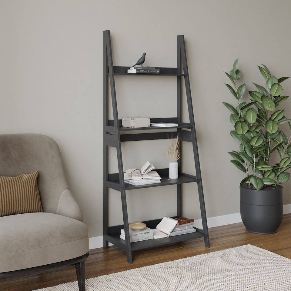 image 1 of 4-Tier Wooden Ladder Storage Shelving Unit | Black | 1