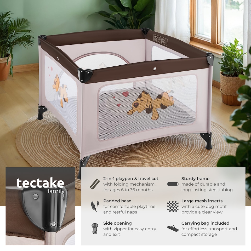 image 1 of Playpen Tommy Junior - stable, foldable, mesh with side zip opening, 105 x 105 x 78 cm | Brown | brown | 105 x 105 x 78 cm | 1