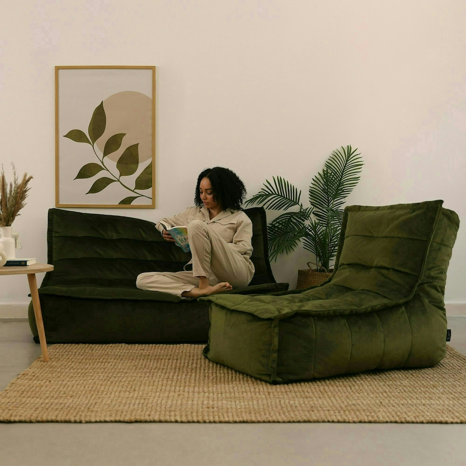image 1 of icon Kota Velvet XL Bean Bag Sofa & Lounger Set Olive Green Bean Bag Chair Green
