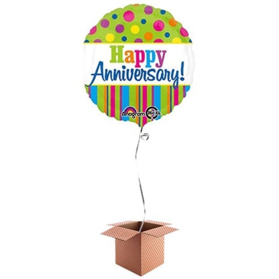 Happy Anniversary Stripes And Dots Round Foil Balloon - Inflated Balloon in a Box