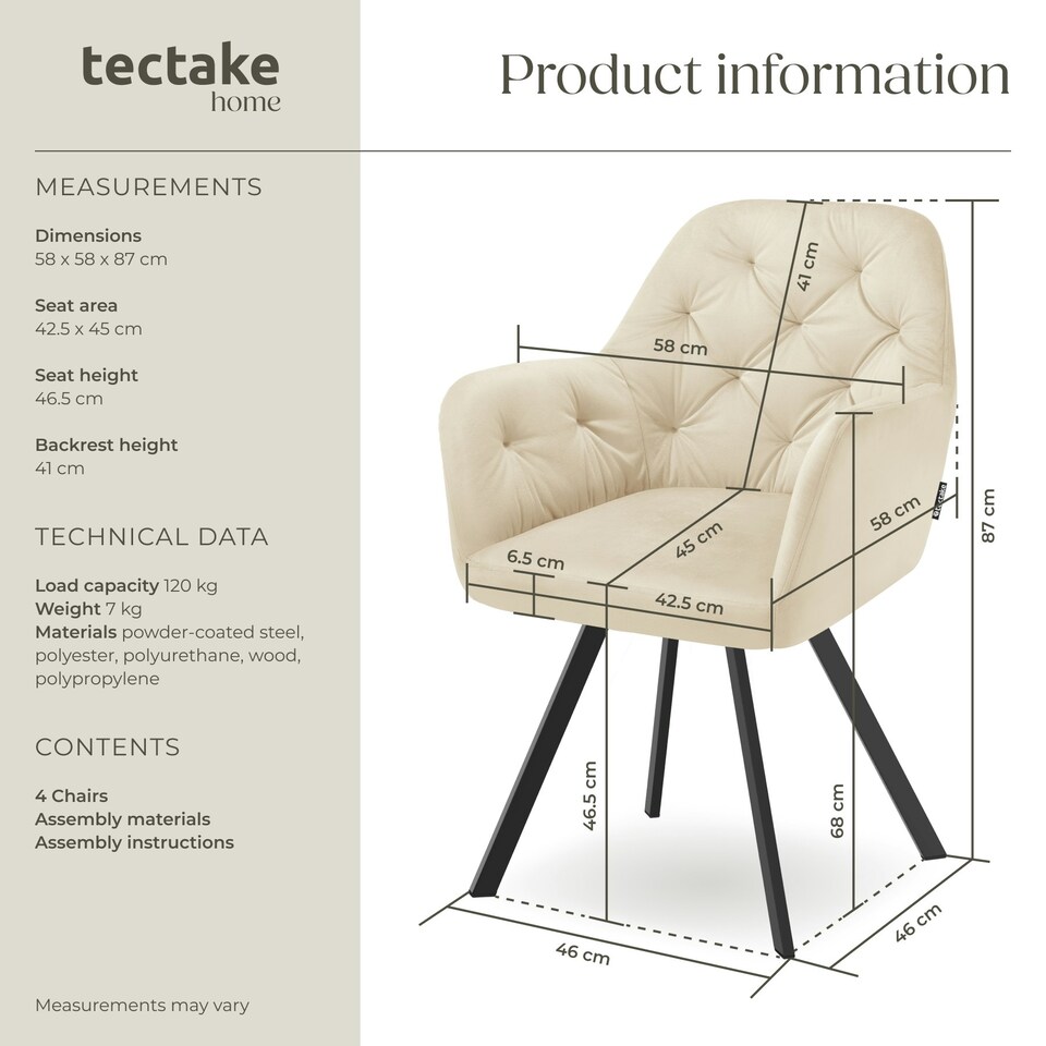 image 1 of Armchair Lucia - padded, quilted pattern, 180 degree swivel chair - Set of 4 Cream