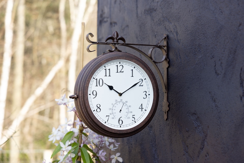 image 1 of Outdoor Garden Station Clock With Thermometer Antique Bronze Double Sided 41cm