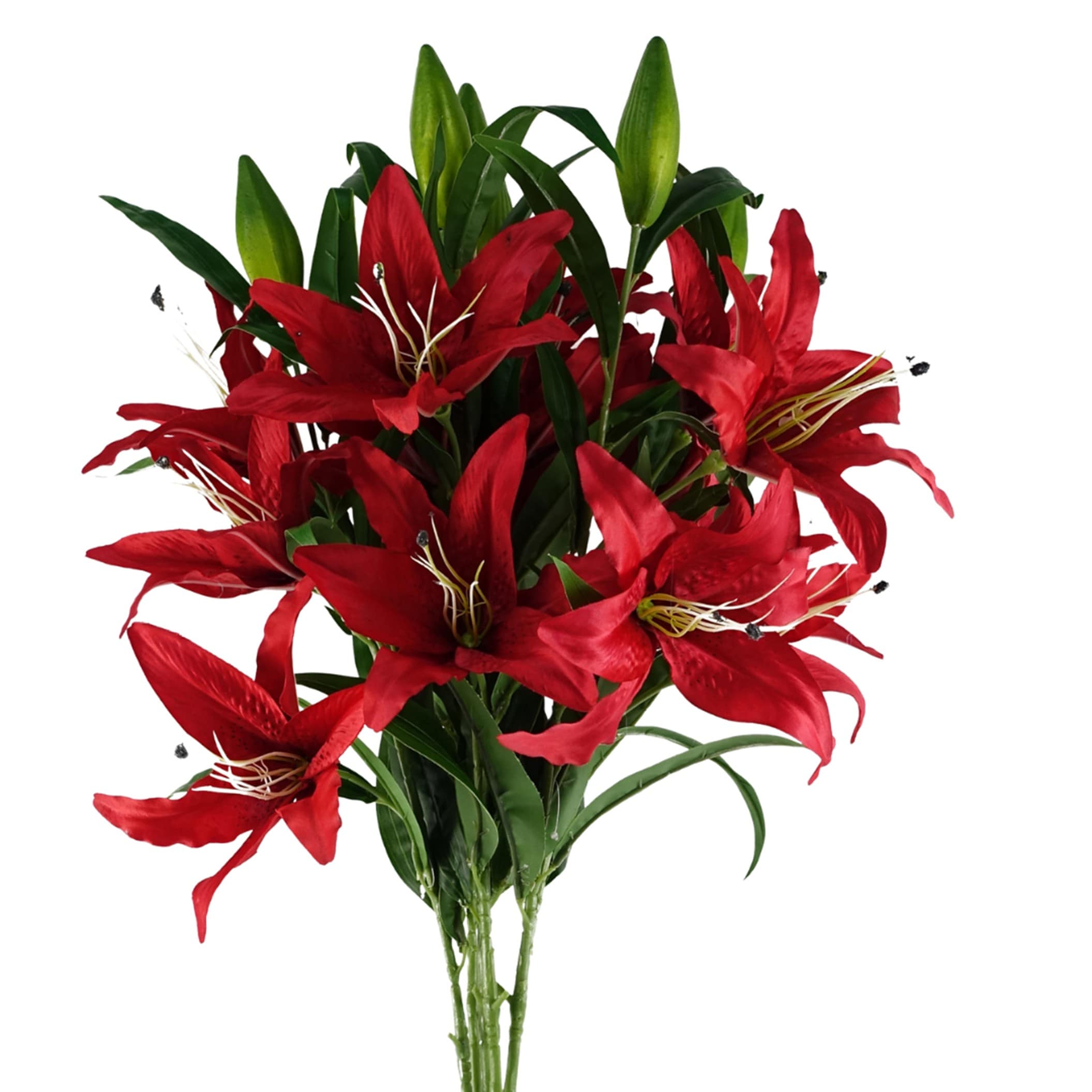 Pegdev Pack of 6 Red Lily Stems 100cm with 18 Silk Flowers