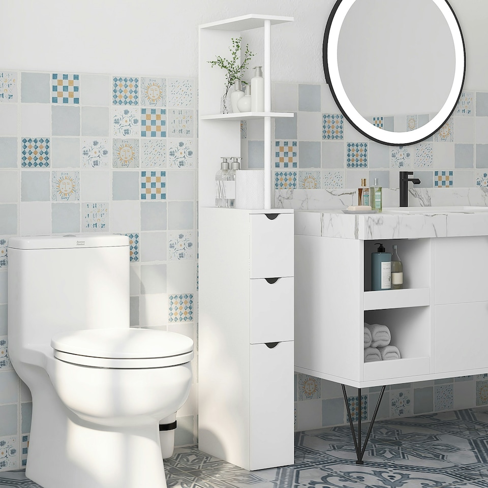 image 1 of HOMCOM Tall Bathroom Storage Cabinet with Shelf and Drawers, White, Grey