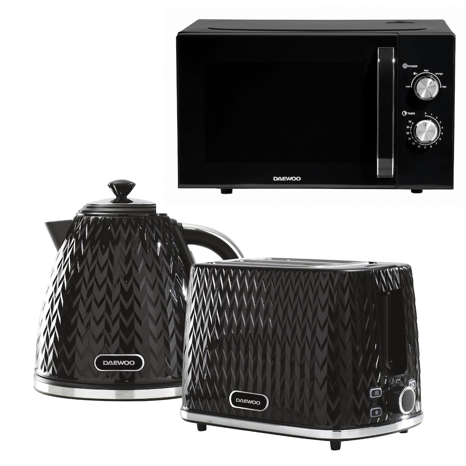 Daewoo Black Argyle Kettle Toaster Microwave Set