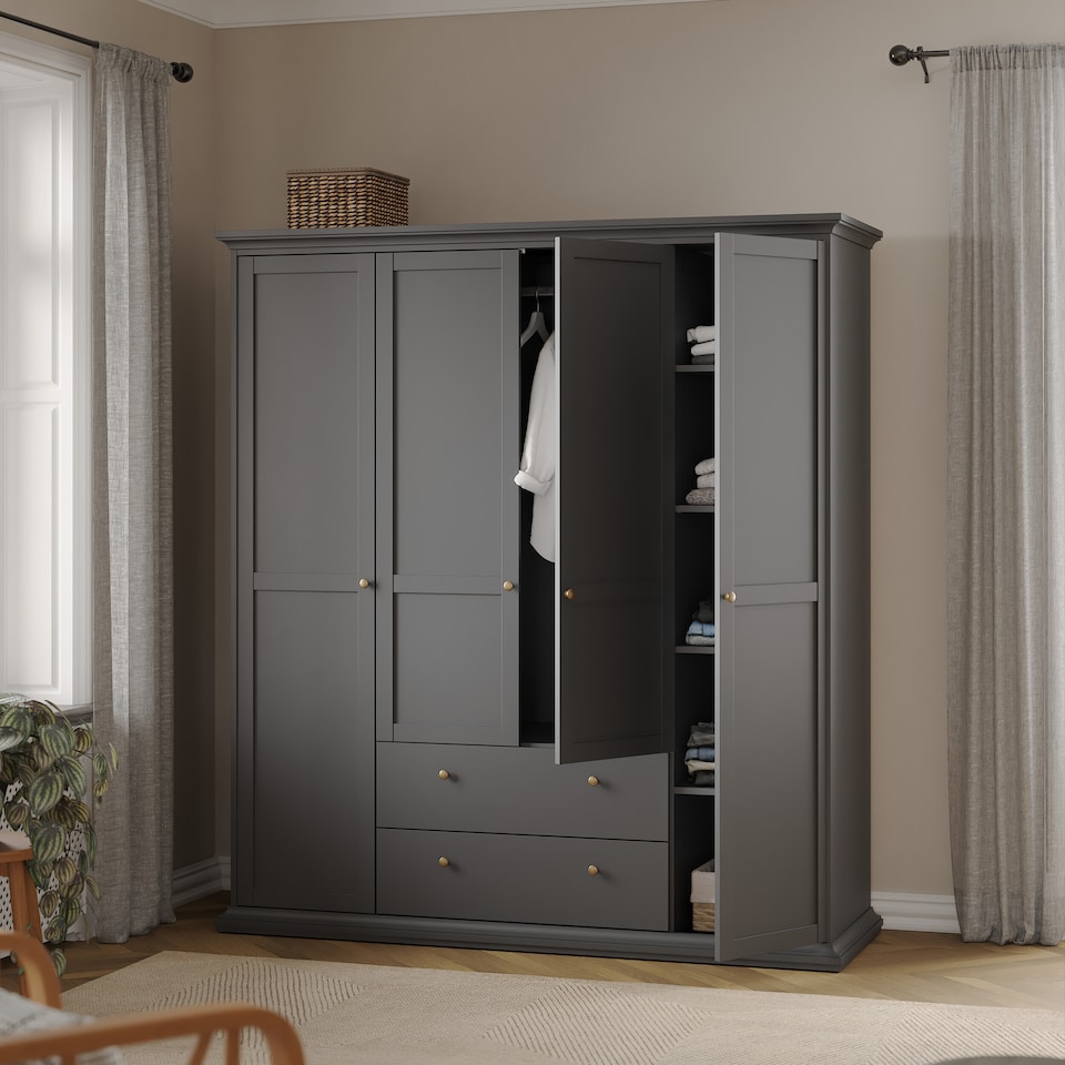 image 1 of Paris Wardrobe with 4 Doors and 2 Drawers in Matt Grey