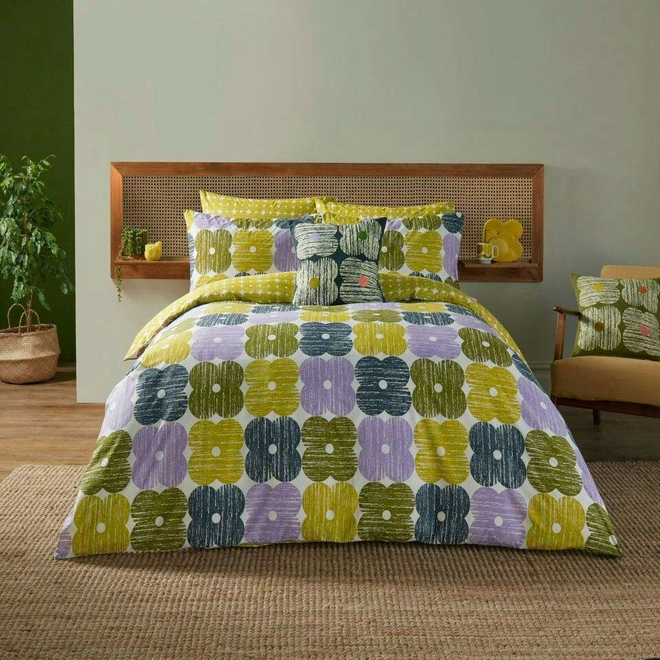 image 1 of Textured Flower Multi Duvet Cover Set Green | King