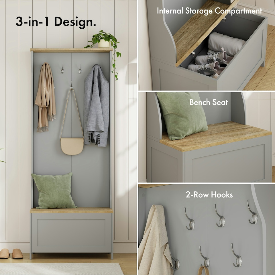 image 1 of VonHaus Grey Coat Rack Stand and Shoe Storage Bench for Hallway