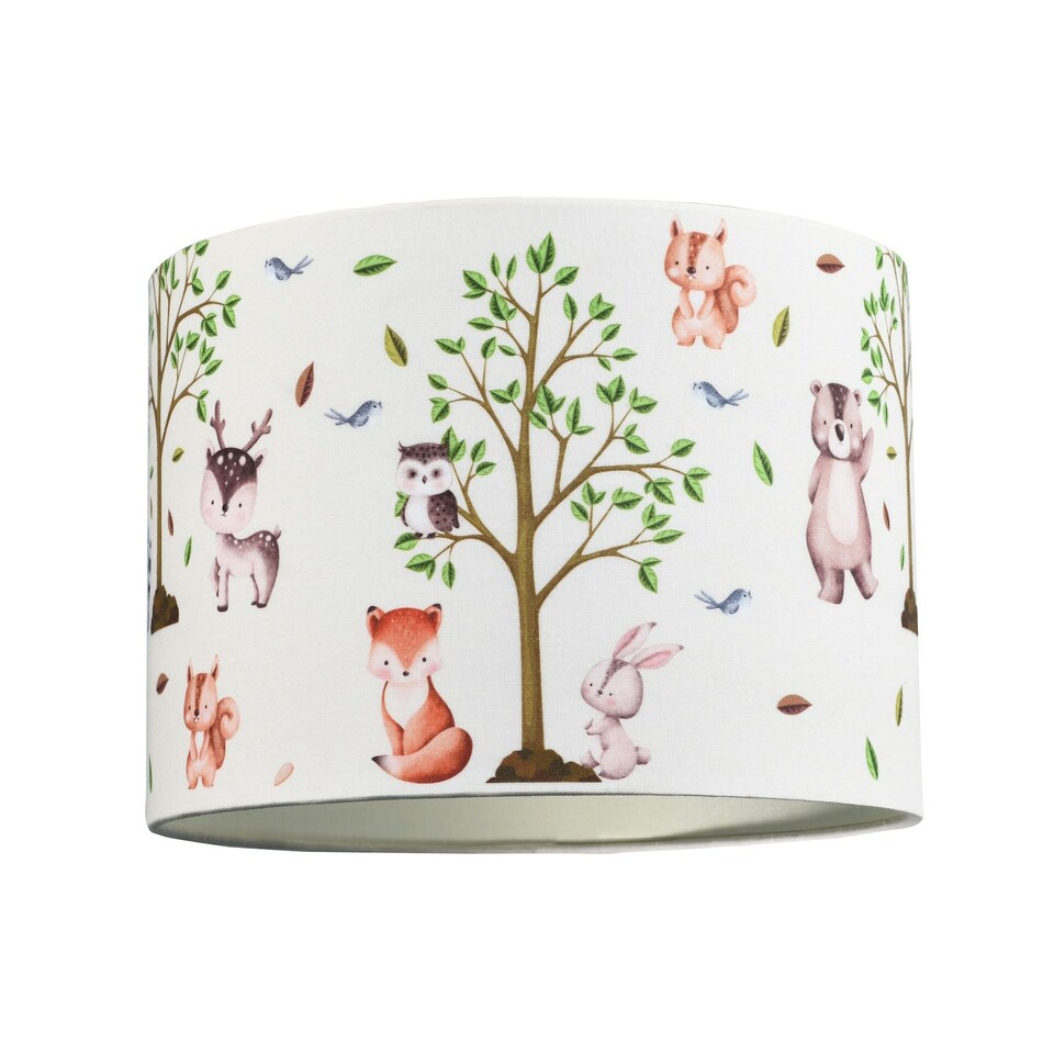 image 1 of Cute Woodland Animals Round Lamp Shade in Cotton Fabric - Foxes Owls Rabbits