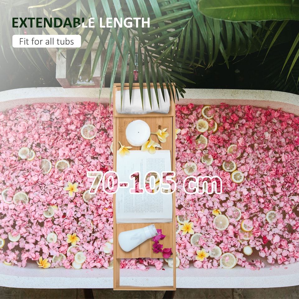 image 1 of HOMCOM Extendable Bamboo Bathtub Shelf Rack Bath Caddy Tray Bathroom Storage