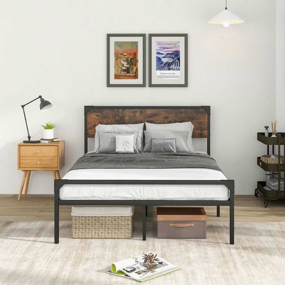image 1 of COSTWAY Double Bed Frame Platform Bed with Headboard
