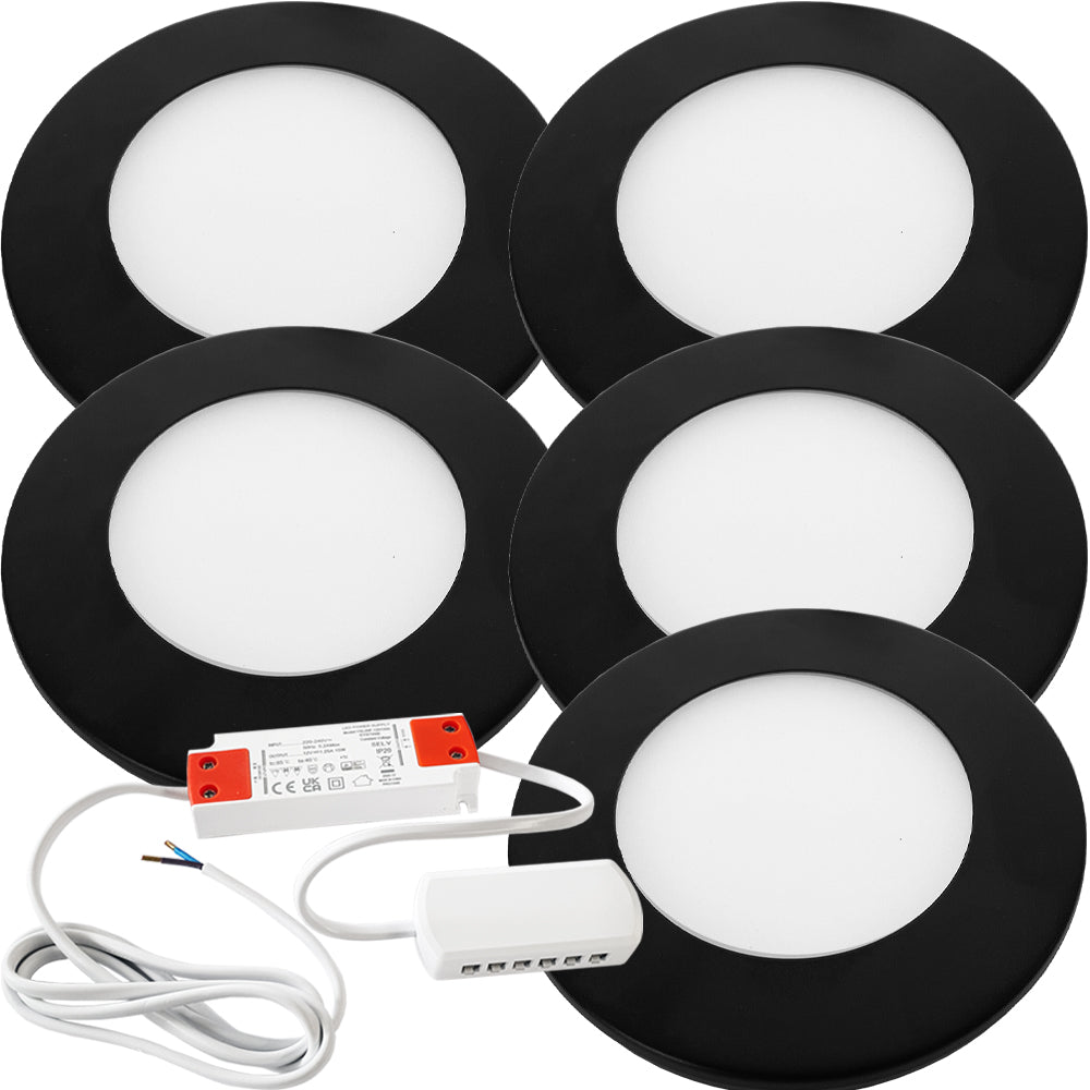 5x Matt Black Ultra-Slim Round LED Under Cabinet Lighting Kit with Driver - Warm White Diffused Light