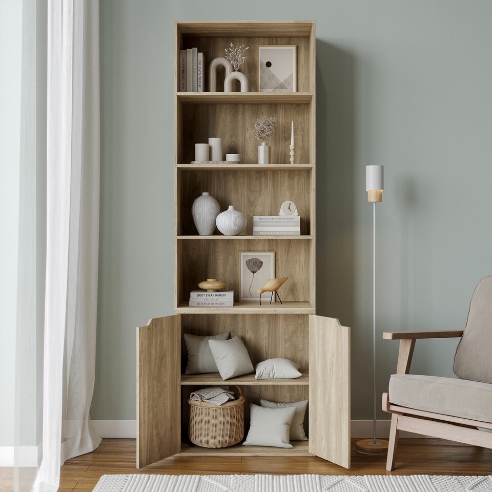 image 1 of 6-Tier Bookcase with 2-Doors | Brown | 1