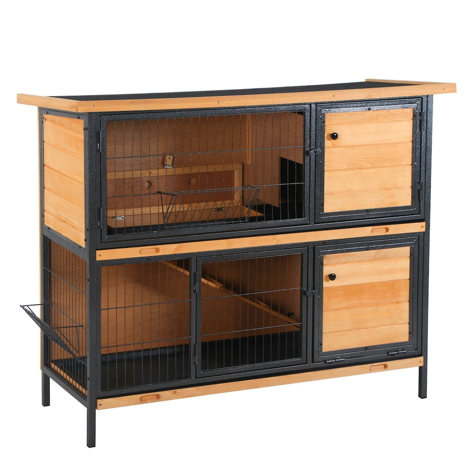 image 1 of PawHut Rabbit Hutch, Guinea Pig Hutch Outdoor Cage w/ Tray & Roof, Yellow