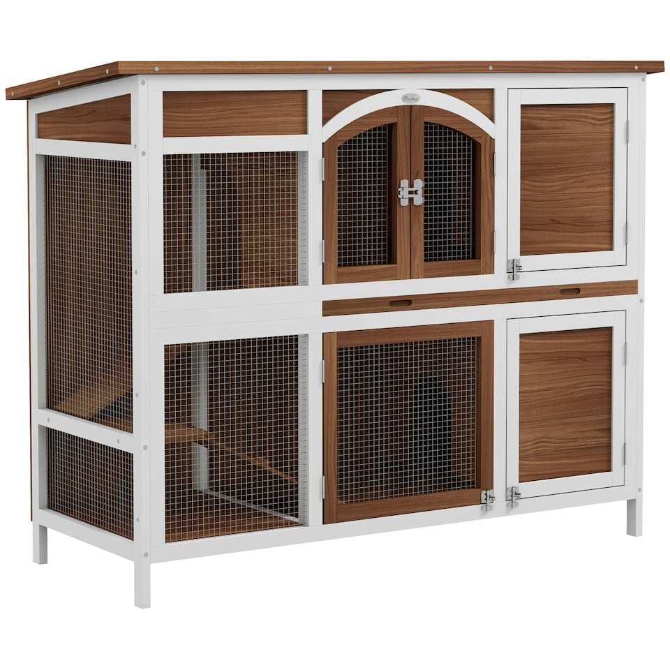 image 1 of PawHut Rabbit Hutch, Guinea Pig Hutch 2-Tier Wooden Cage w/ Ramp Roof, Brown