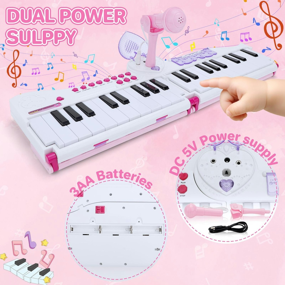image 1 of 40-Key Folding Piano Keyboard Toy – Portable Electronic Music Toy with Lights & Sound (Pink)