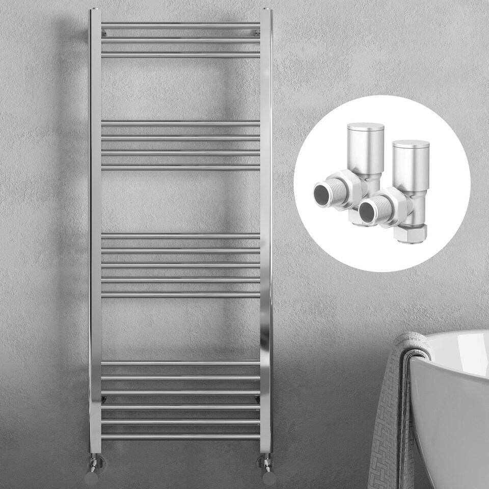 image 1 of Polished Chrome 1800 x 400mm Heated Bathroom Towel Rail Warmer Ladder Radiator with Angled Manual Valves Pair