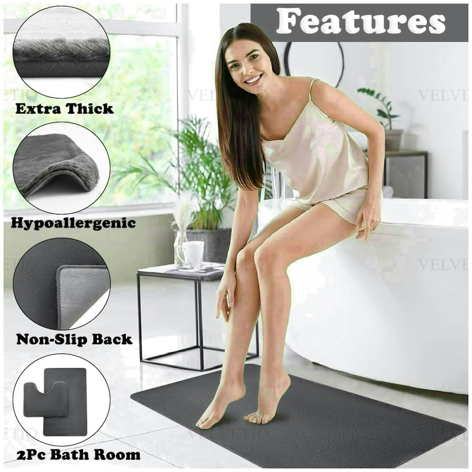 image 1 of VELVETIO Faux Fur Bath Mat Set Shaggy Super Soft Plush Anti Slip PVC Back Grey | Charcoal
