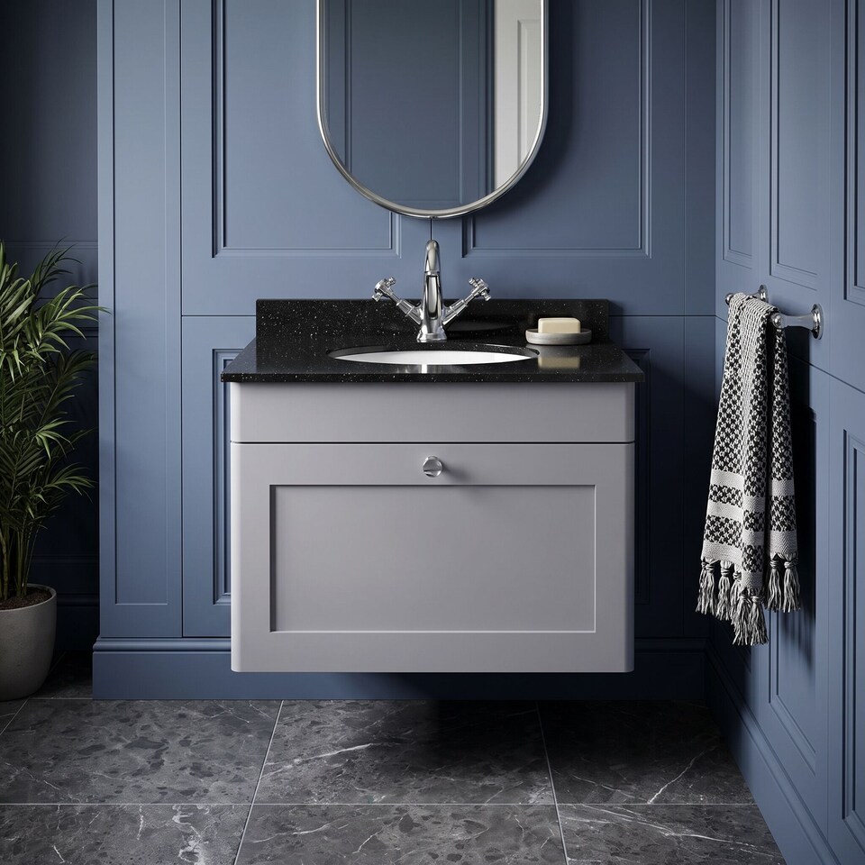 image 1 of Balterley Swynnerton Traditional 1 Drawer Wall Hung Vanity Unit with Marble Basin, Satin Grey, 600mm