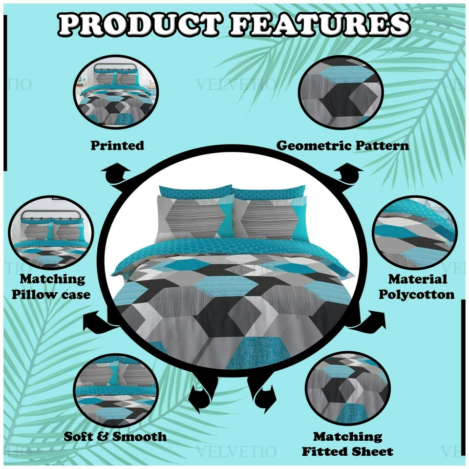 image 1 of VELVETIO Jake Complete Duvet Cover Set with Fitted Sheet Soft Printed Bedding Bedset Blue | King