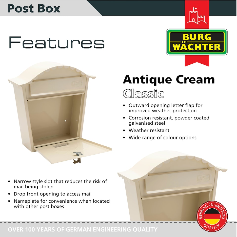 image 1 of Burg-Wachter Classic Wall Mounted Galvanised Steel Lockable Weatherproof Post Box - 36x37x13cm | Cream | Antique Cream