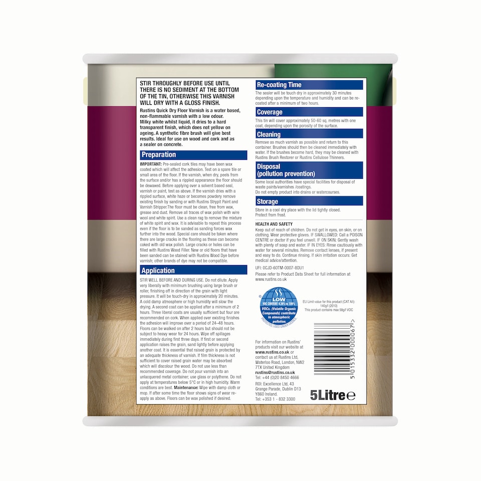 image 1 of Rustins Quick Dry Floor Varnish Clear 5L Satin