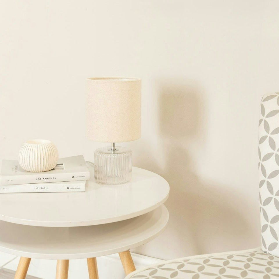 image 1 of ValueLights Betty Clear Glass Table Lamp with Natural Lamp Shade and LED Bulb