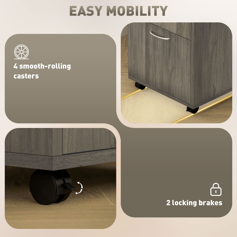 image 1 of HOMCOM 60cm Filing Cabinet with Drawer, Open Shelf, Metal Handles and 4 Wheels, Office Home Organiser Mobile Printer, Grey