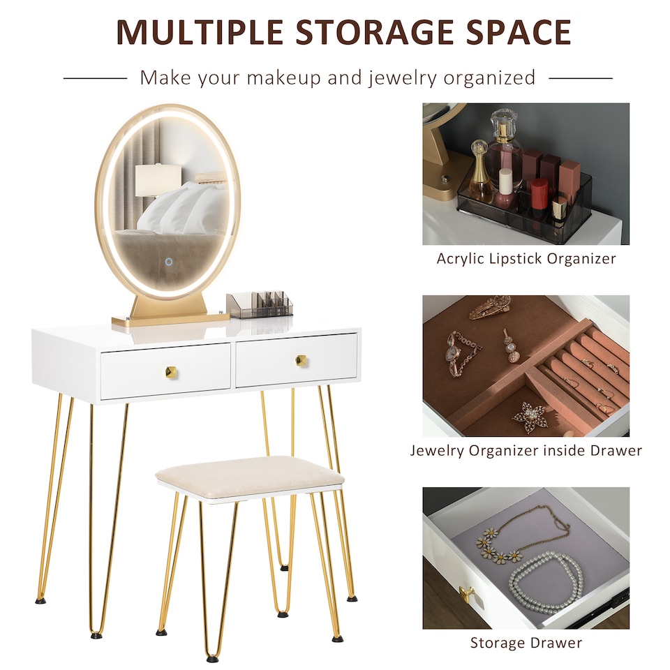 image 1 of HOMCOM Dressing Table Set With LED Mirror & Stool 2 Drawers Makeup Desk