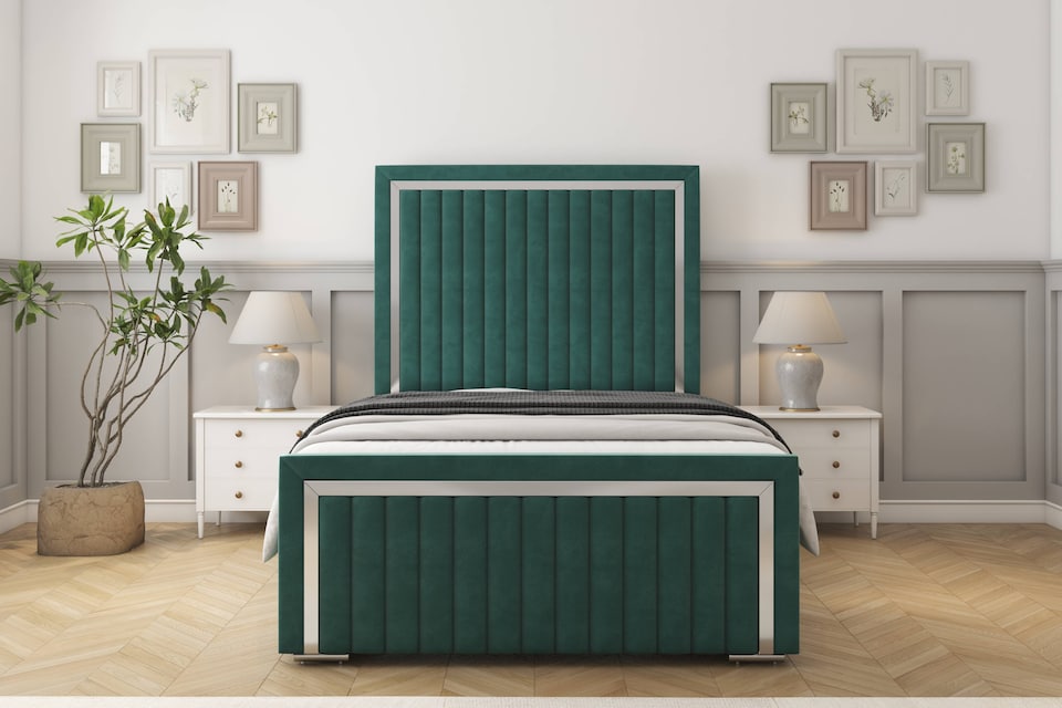 image 1 of Sloomy Boston Chrome Emerald Plush Bed Frame With Mattress With 50" Upholstered Headboard 4' Small Double