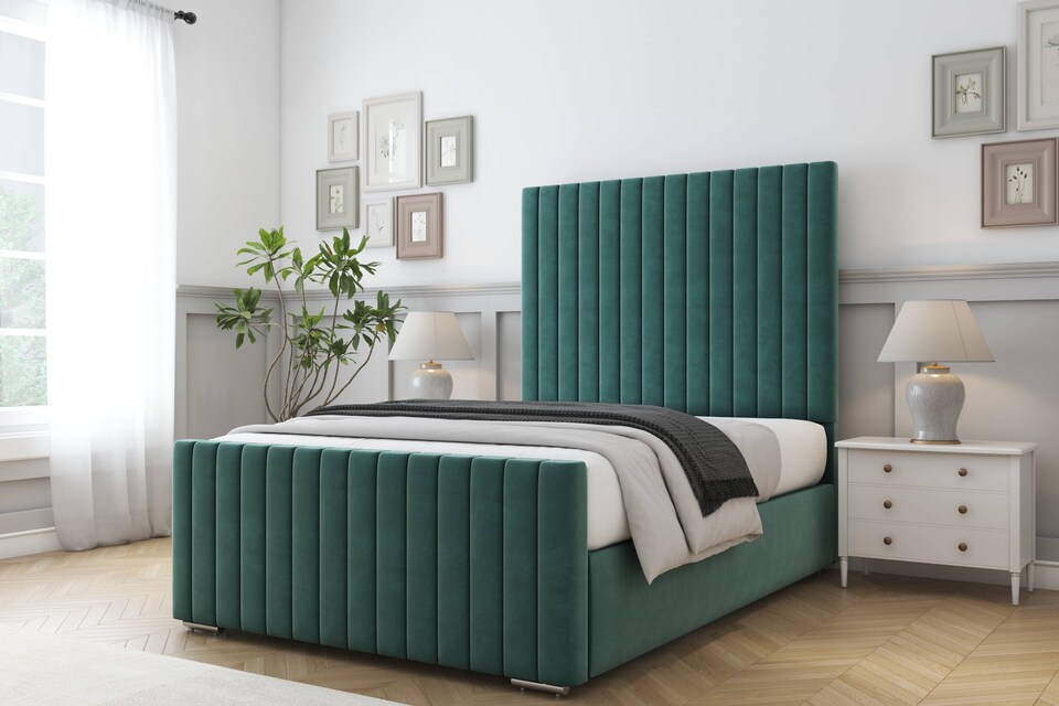 image 1 of Sloomy Madison Emerald Plush Bed Frame With Mattress With 50" Upholstered Headboard 4' Small Double