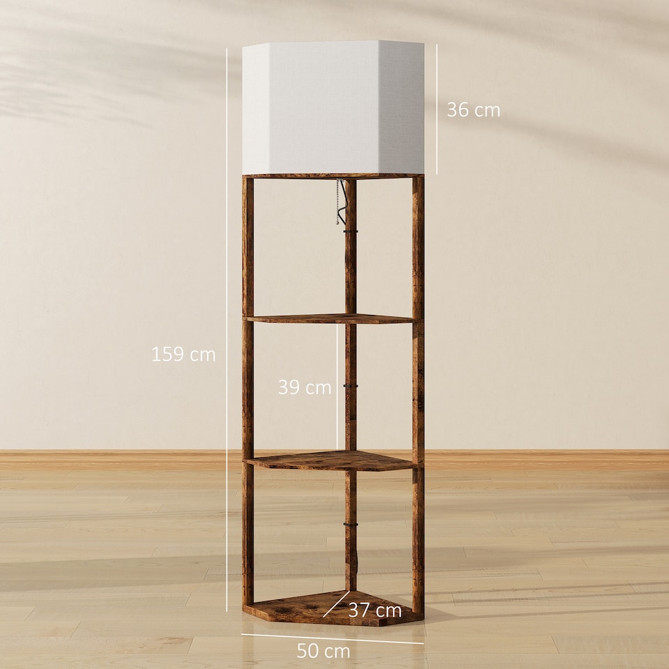 image 1 of HOMCOM Corner Modern Floor Lamp with Shelves for Living Room, Rustic Brown | Brown
