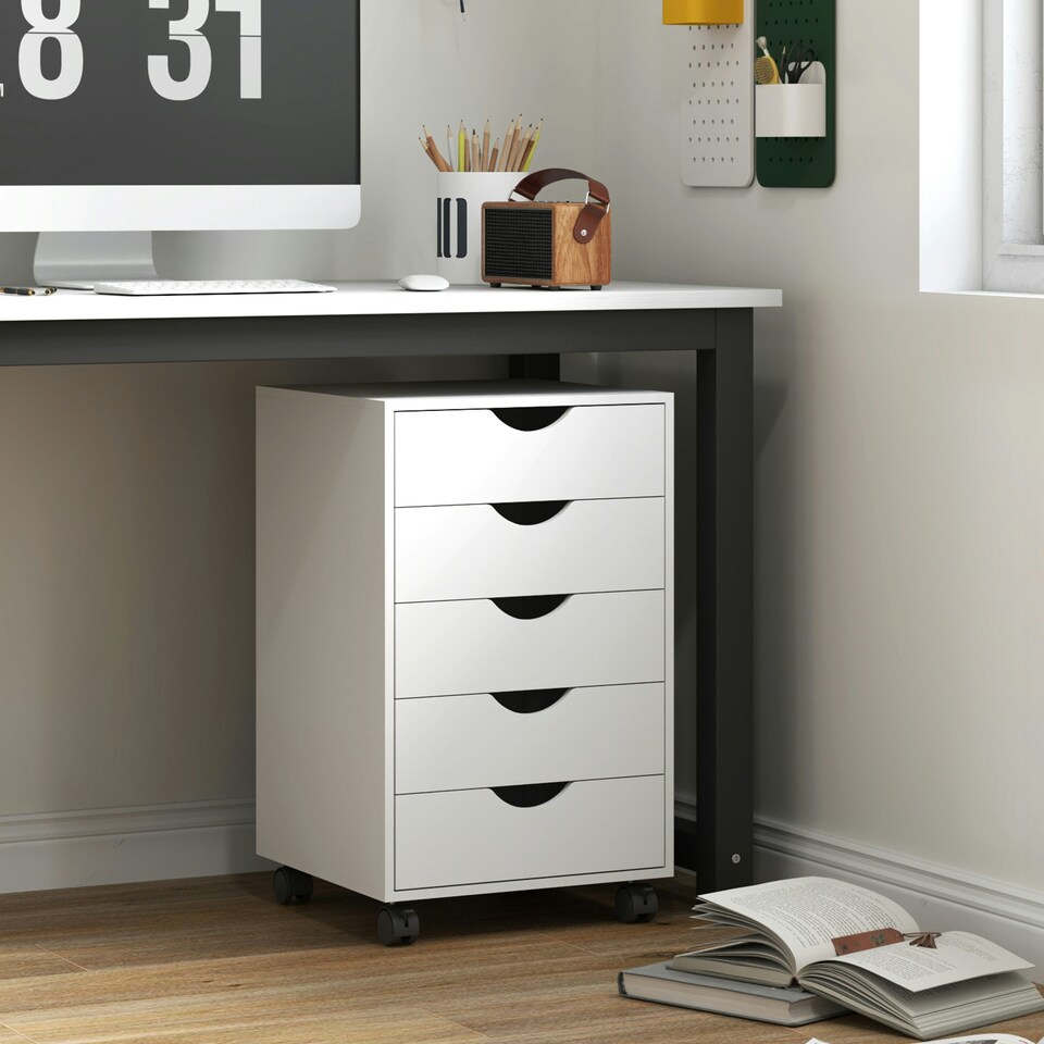 image 1 of HOMCOM Mobile Vertical Filing Cabinet with 5 Drawers for Home Office, White White
