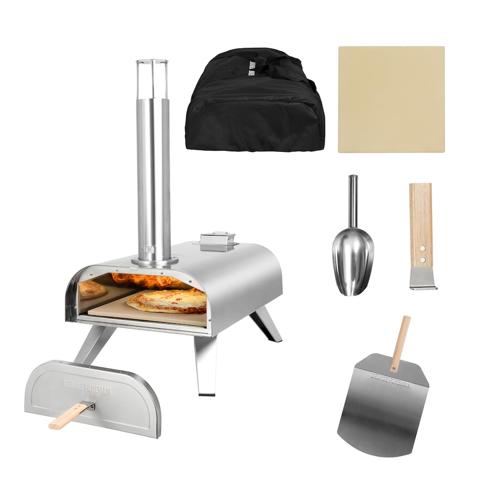 image 1 of George Foreman GFWPPO1SSPC Pizza Oven Stainless Steel 12" Wood Pellet with Paddle & Carry Bag