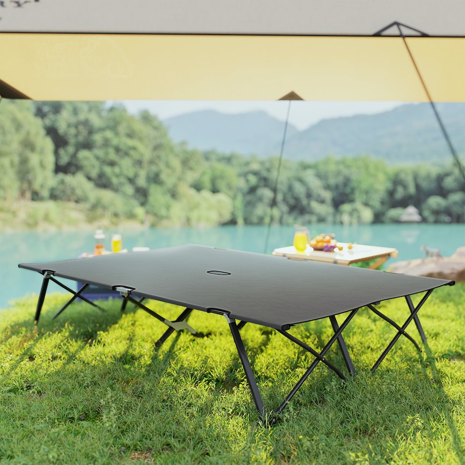 image 1 of Outsunny Double Camping Bed Camping Cot Foldable Sunbed Outdoor Patio Sleeping Bed Super Light with Carry Bag (Charcoal Grey) | Grey
