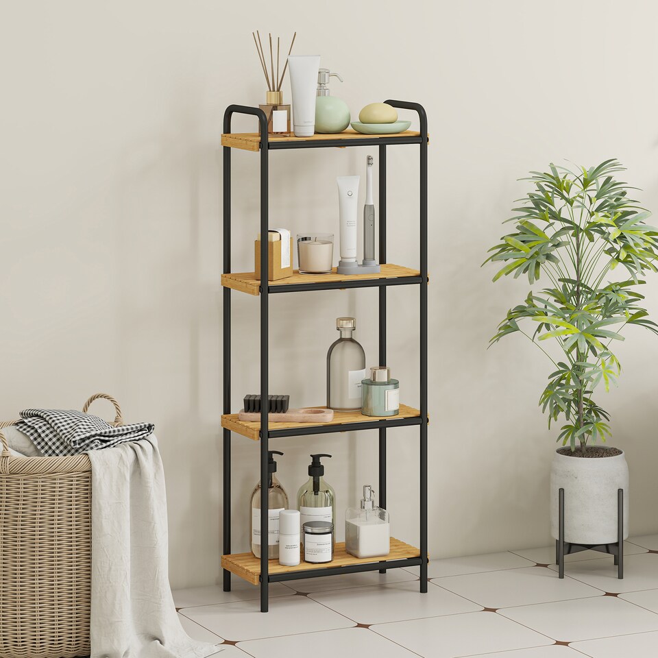 image 1 of HOMCOM 4-Tier Bamboo Bathroom Storage Shelf, Freestanding Narrow Shelving Unit with Slatted Shelves for Kitchen Bathroom Living Room, 41.5 x 21.5 x 106 cm, Natural and Black | Black