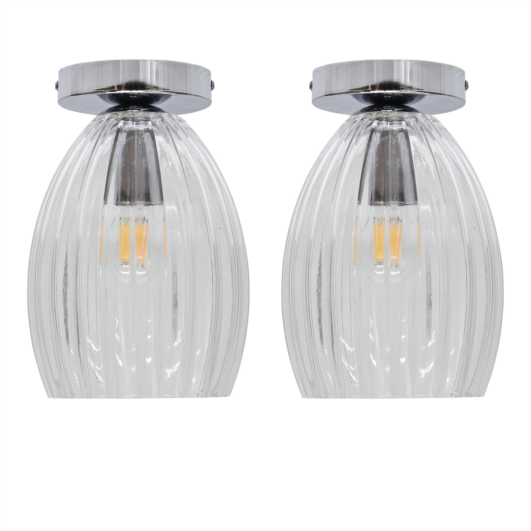 First Choice Lighting Set of 2 Birch - Clear Fluted Glass Chrome Ceiling Light Fittings