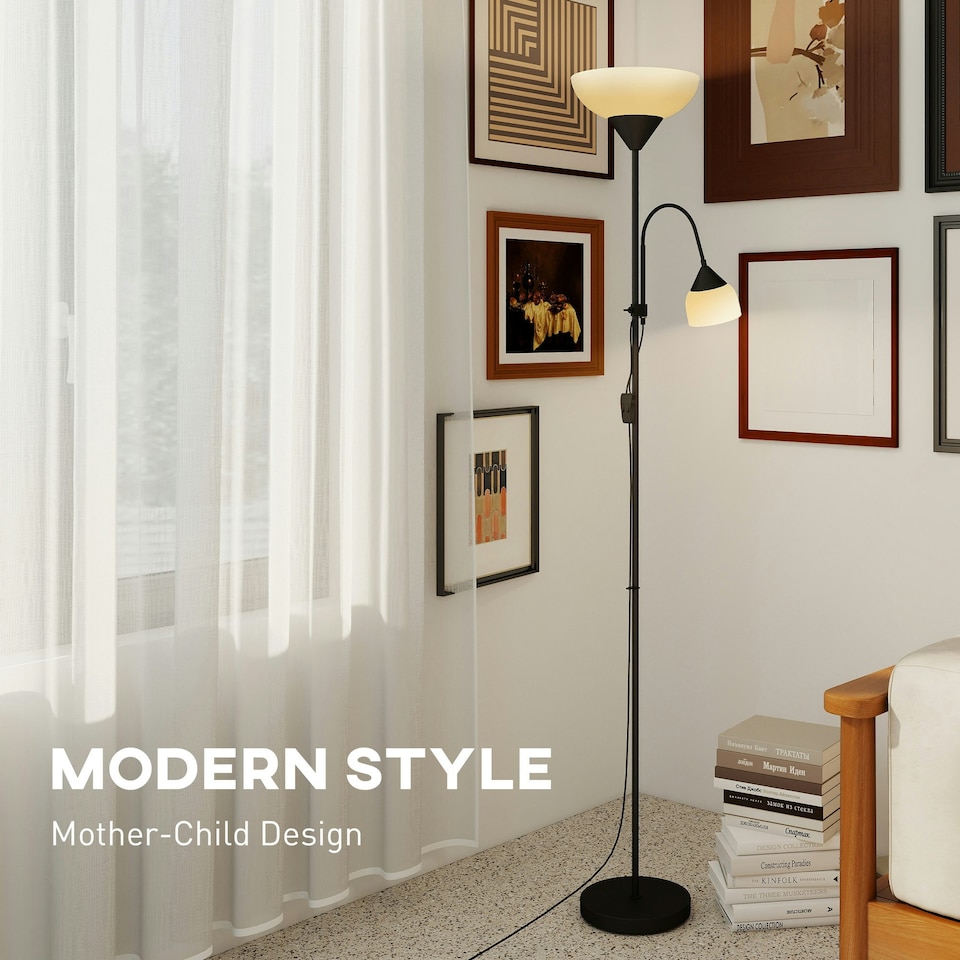 image 1 of HOMCOM Mother-Child Floor Lamp Duo Light with 3 Colour Temperatures, Black | Black | White | Ф28 x 179.5H cm