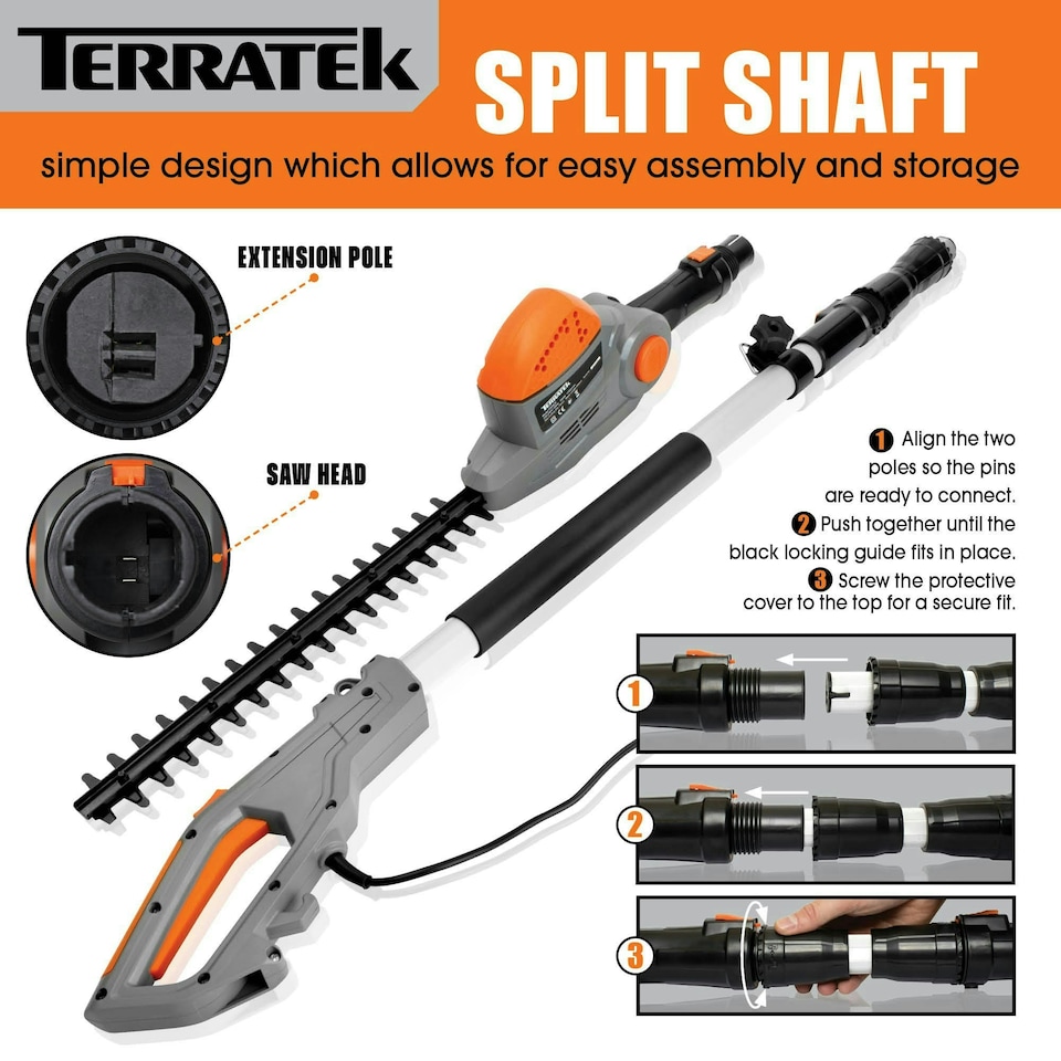 image 1 of Terratek 550W 2.5m Electric Long Reach Hedge Trimmer | Grey | Grey | 1