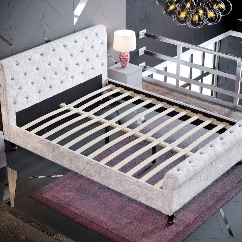 image 1 of Vida Designs Violetta 5ft King Size Bed Fabric Upholstered, Crushed Velvet Silver, 150 x 200cm