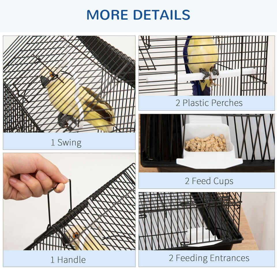 image 1 of PawHut Metal Bird Cage, With Plastic Perch, Swing Ring, Handle, 39 x 33 x 47cm