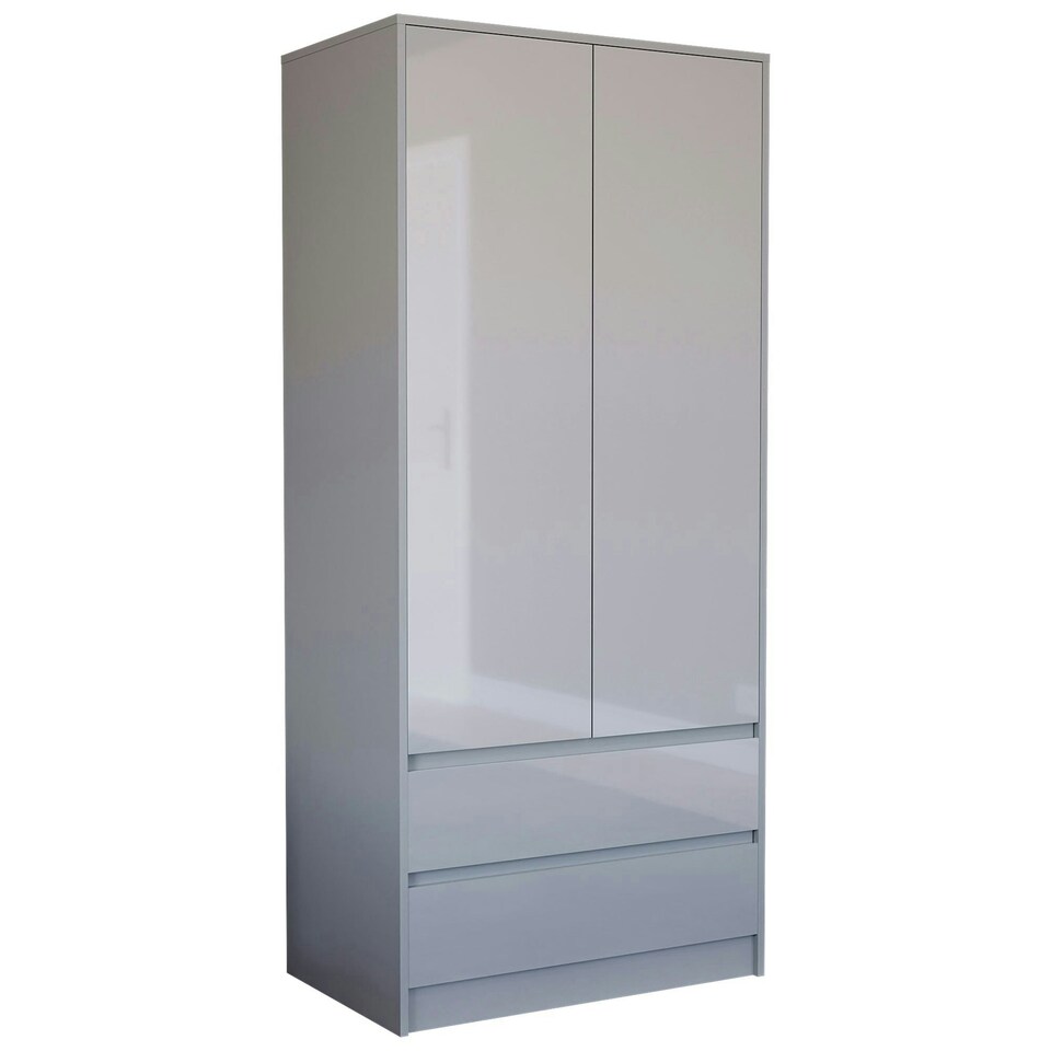image 1 of Vida Designs Glinton 2 Door 2 Drawer Wardrobe High Gloss Doors With Shelf & Clothes Rail, 100% FSC, Grey