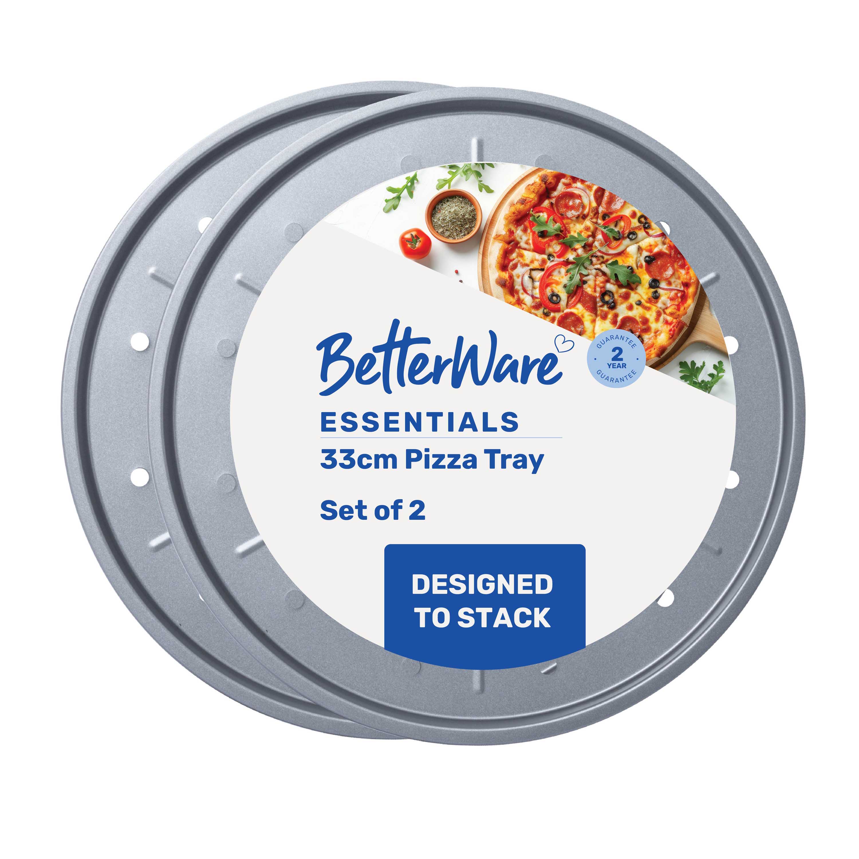 Betterware Essentials 2 x 33cm Non-Stick Pizza Trays in Silver | Size: 2 x 33 cm