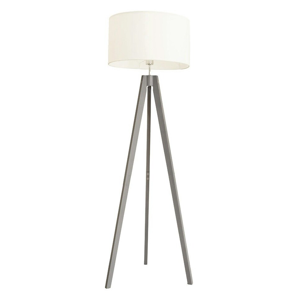 image 1 of ValueLights Jackson Grey Wood Tripod Floor Lamp with White Fabric Lamp Shade and LED Bulb