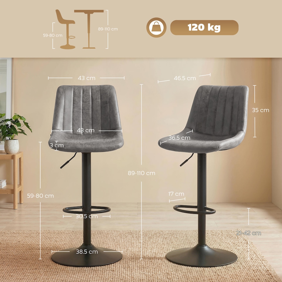 image 1 of HOMCOM Bar Stools Set of 2 Adjustable Swivel Bar Chairs with Backrest Grey