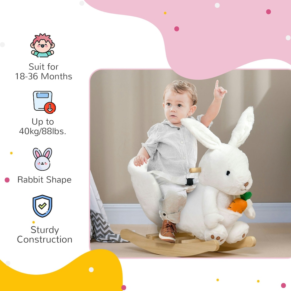 image 1 of HOMCOM Kids Rabbit-Shaped Rocking Horse w/ Realistic Sounds, Safety Belt - White
