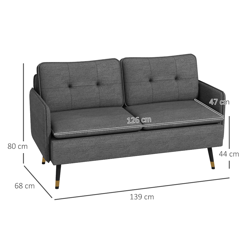 image 1 of HOMCOM Modern Two Seater Sofa, Button Tufted Loveseat with Cushions and Steel Legs for Living Room, Guest Room, Dark Grey | Grey | One Size