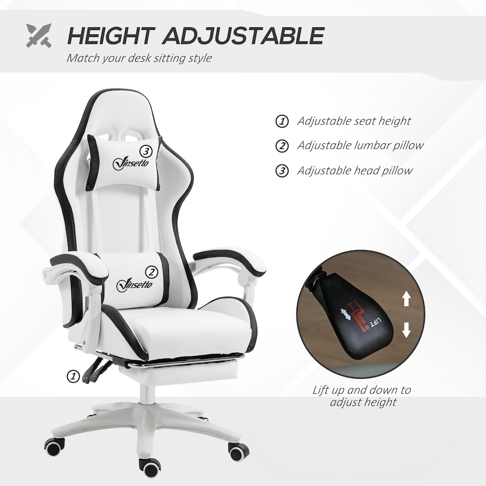 image 1 of Vinsetto Computer Gaming Chair, PU Leather Office Desk Chair with Footrest, Swivel Wheels, 135 Reclining Back, Lumbar Support, Headrest for Home, White and Black