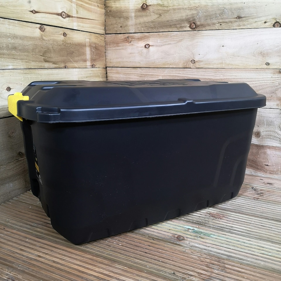 image 1 of 75L Heavy Duty Trunk on Wheels Sturdy, Lockable, Stackable and Nestable Design Storage Chest with Clips in Black